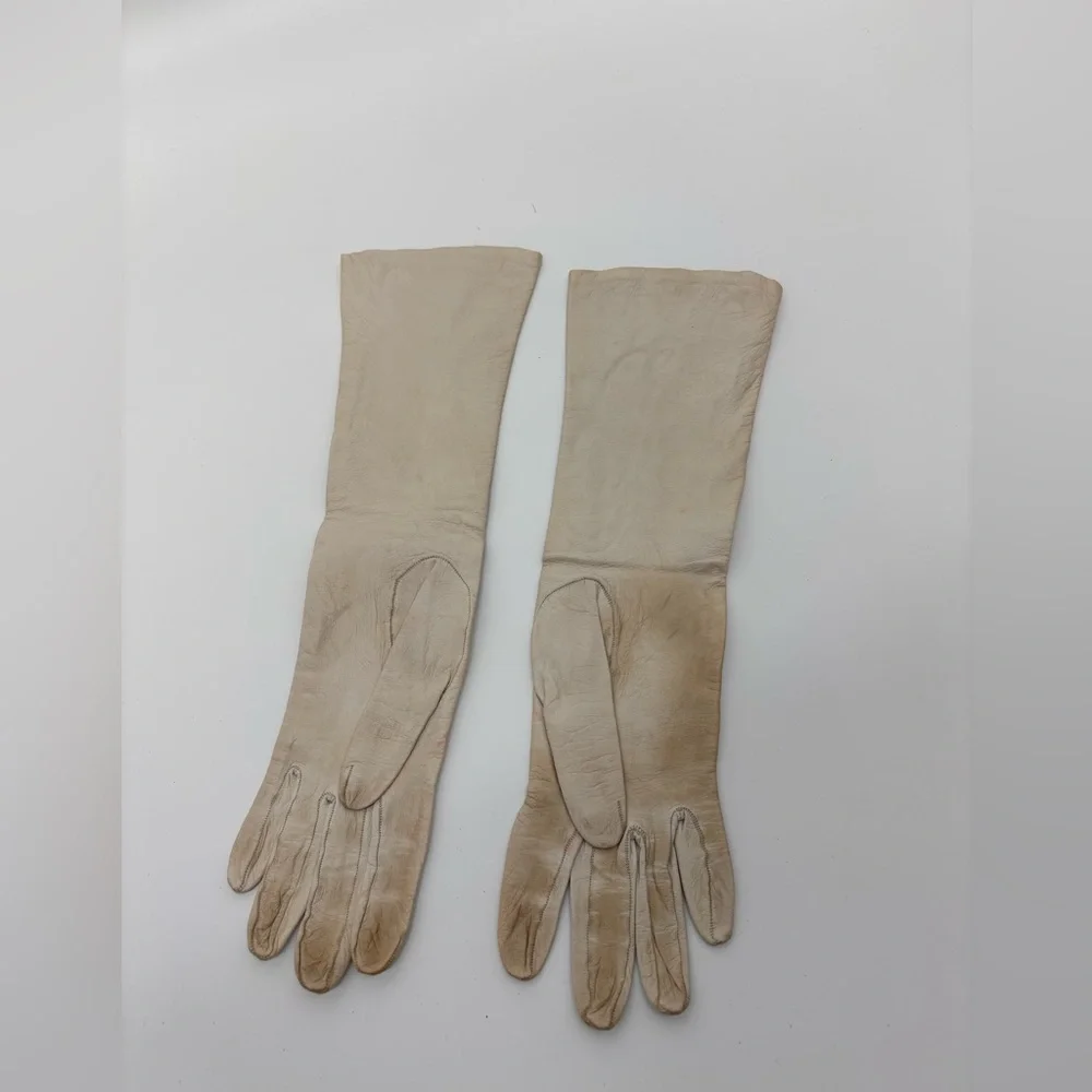 Vintage CHRISTIAN DIOR Long Gloves – Size 6½ – Beige Leather – 13.5” Length